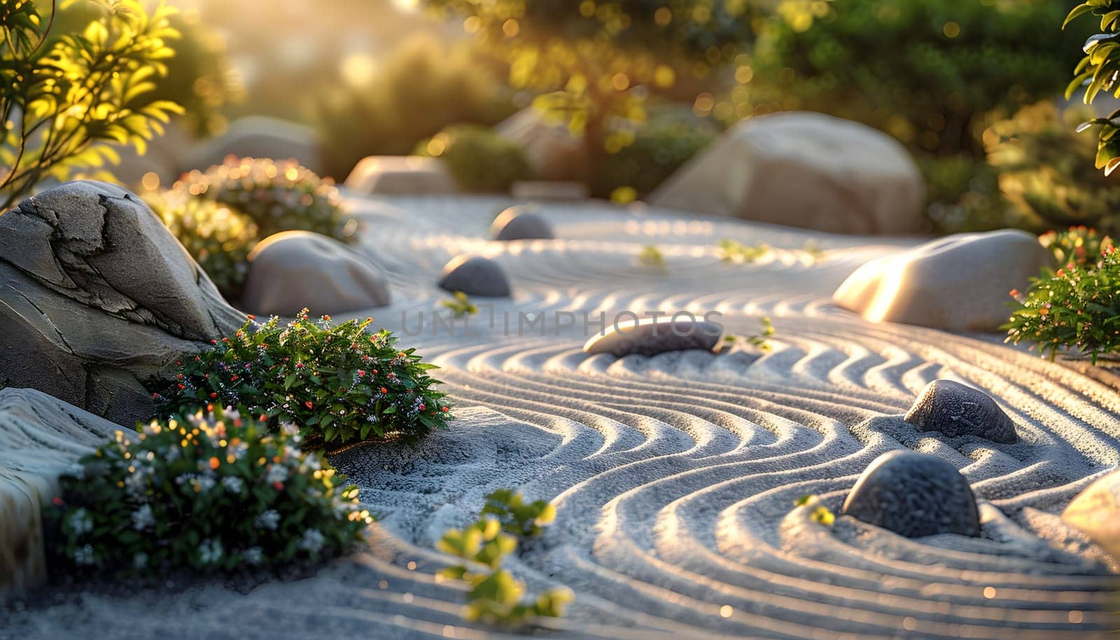 A natural landscape with rocks, plants, and watercourses in the sand. Terrestrial plants, grass, and groundcover adapted to the morning sunlight
