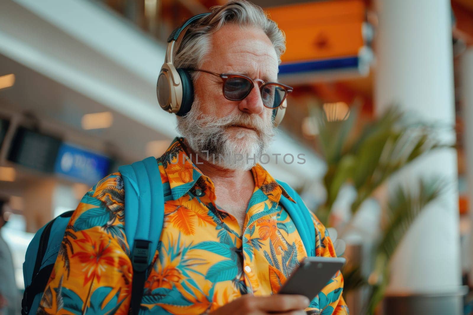 man in bright comfy summer clothes and headphones in the airport using smartphone. ai generated by Desperada