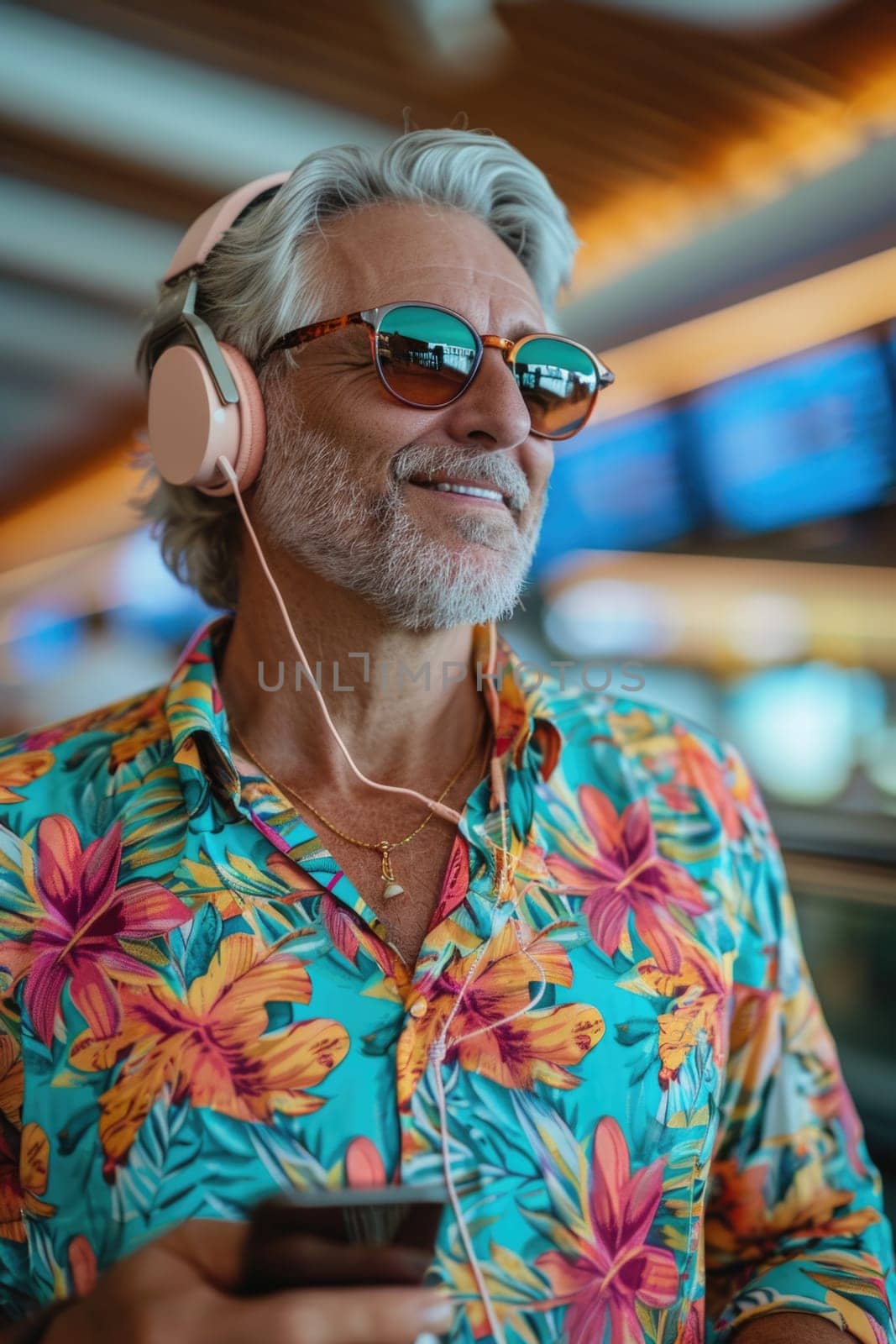 mature happy man in bright comfy summer clothes and headphones in the airport using smartphone. ai generated