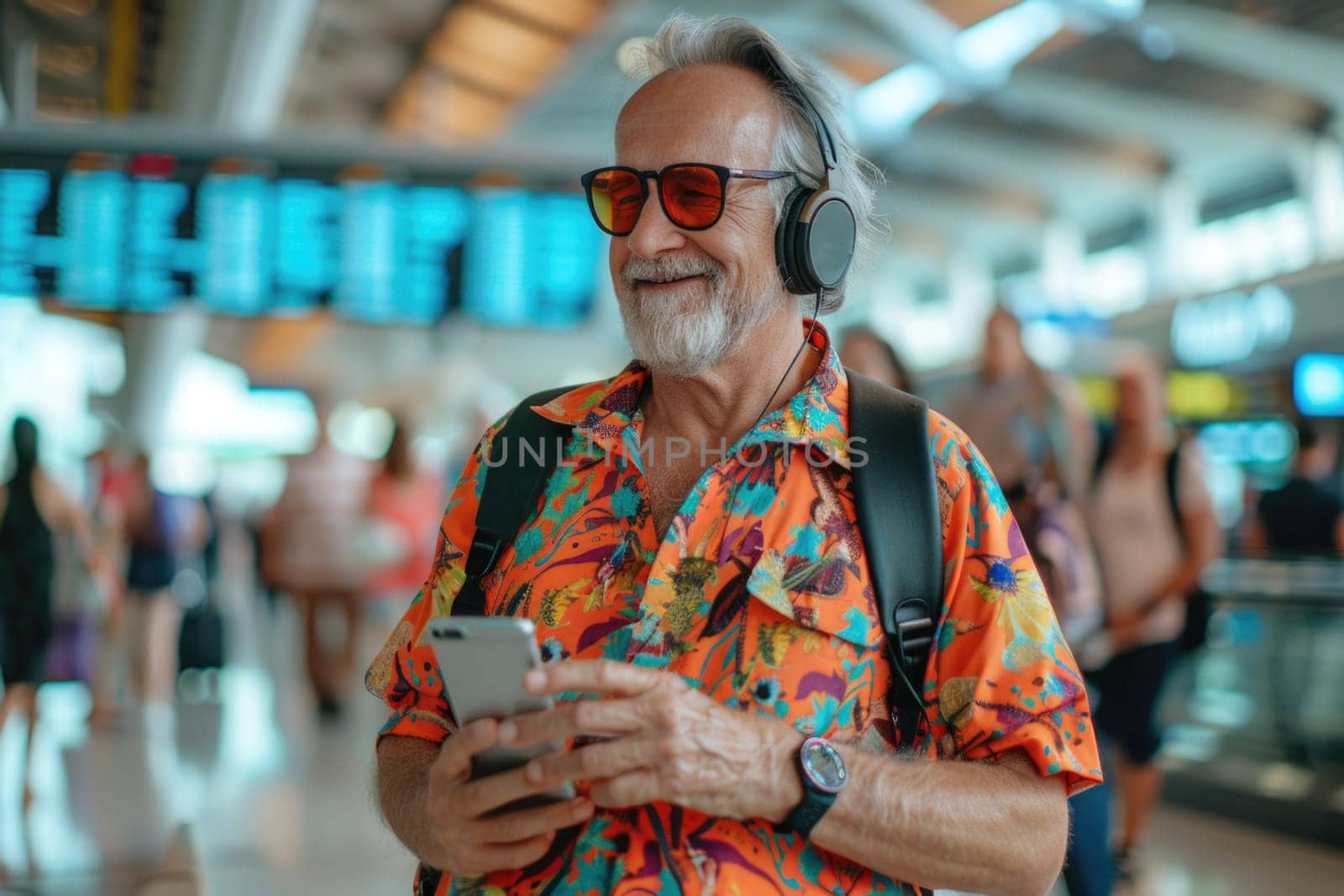 mature happy man in bright comfy summer clothes and headphones in the airport using smartphone. ai generated