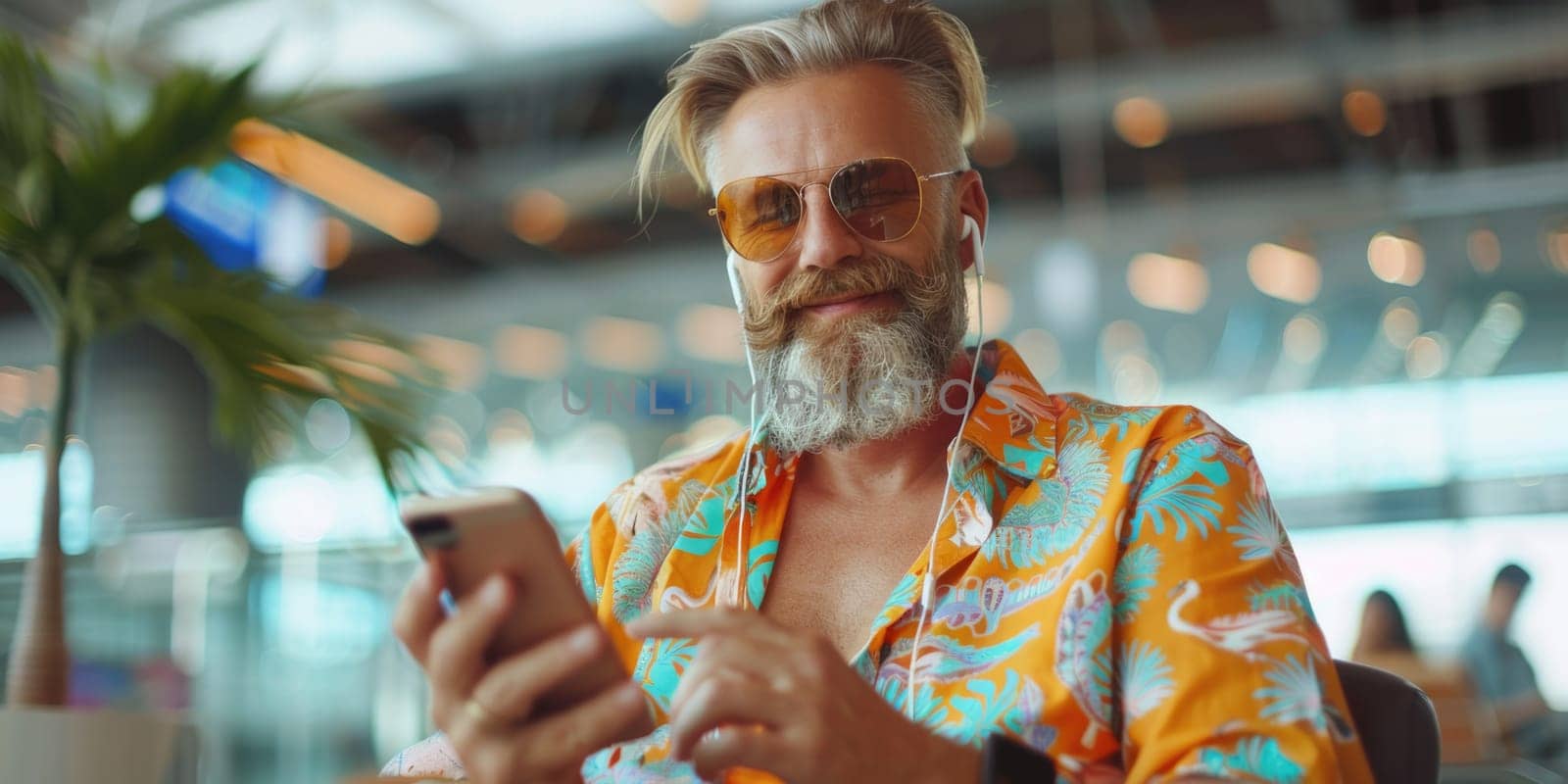 mature happy man in bright comfy summer clothes and headphones in the airport using smartphone. ai generated