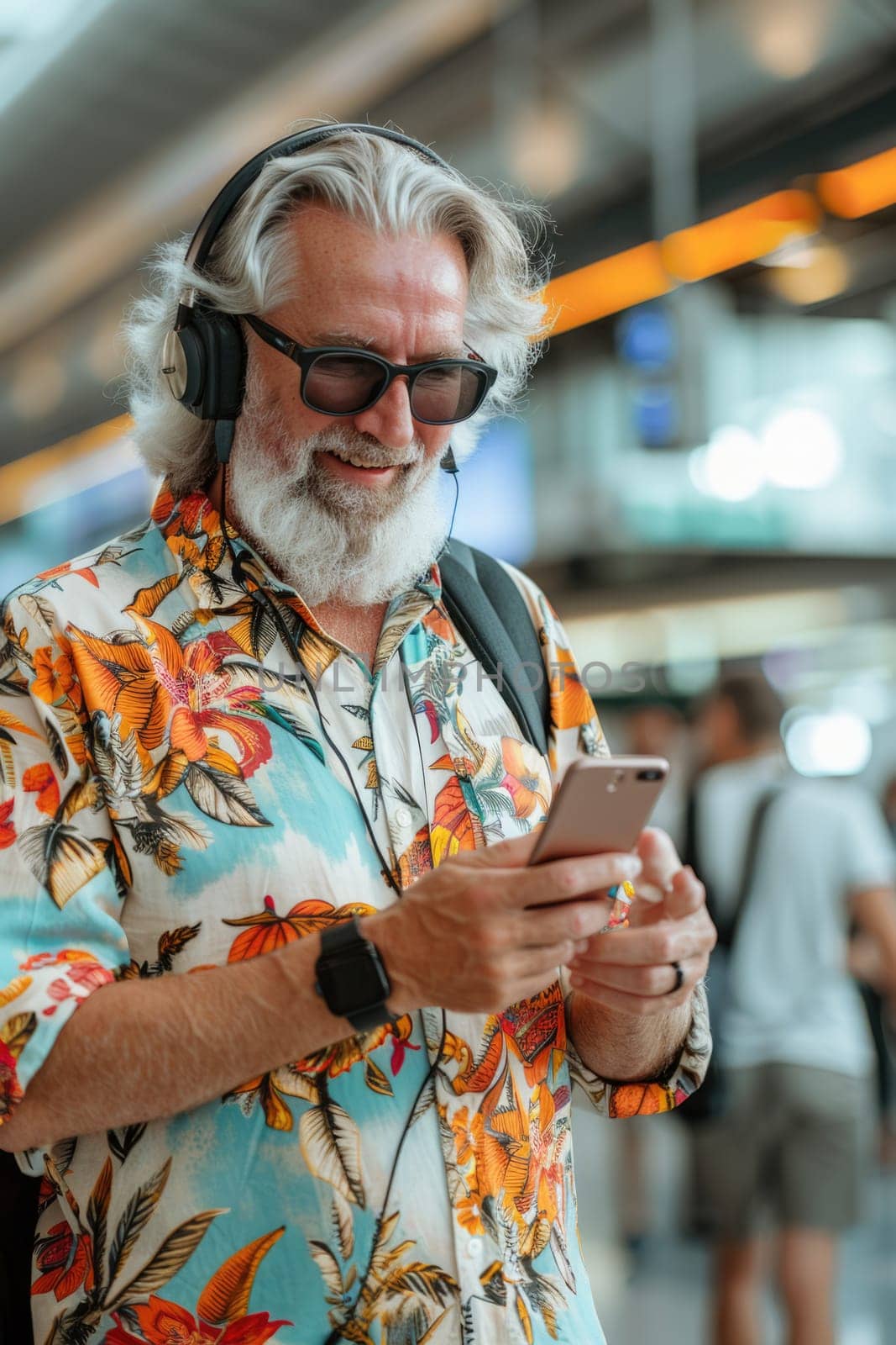 man in bright comfy summer clothes and headphones in the airport using smartphone. ai generated by Desperada