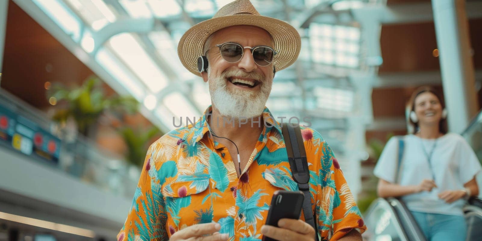 mature happy man in bright comfy summer clothes and headphones in the airport using smartphone. ai generated