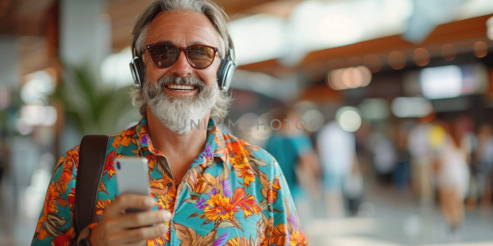 mature happy man in bright comfy summer clothes and headphones in the airport using smartphone. ai generated