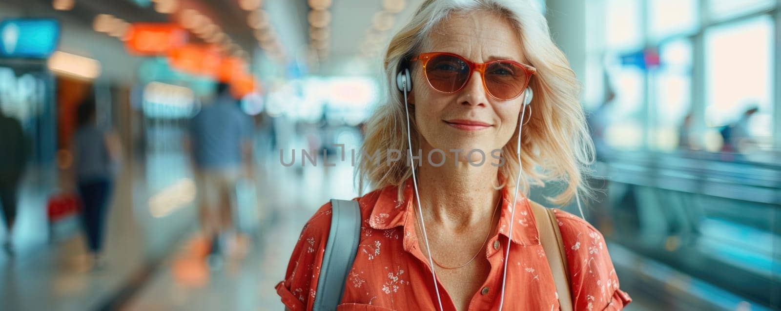 mature happy woman in bright comfy summer clothes and headphones in the airport using smartphone. ai generated