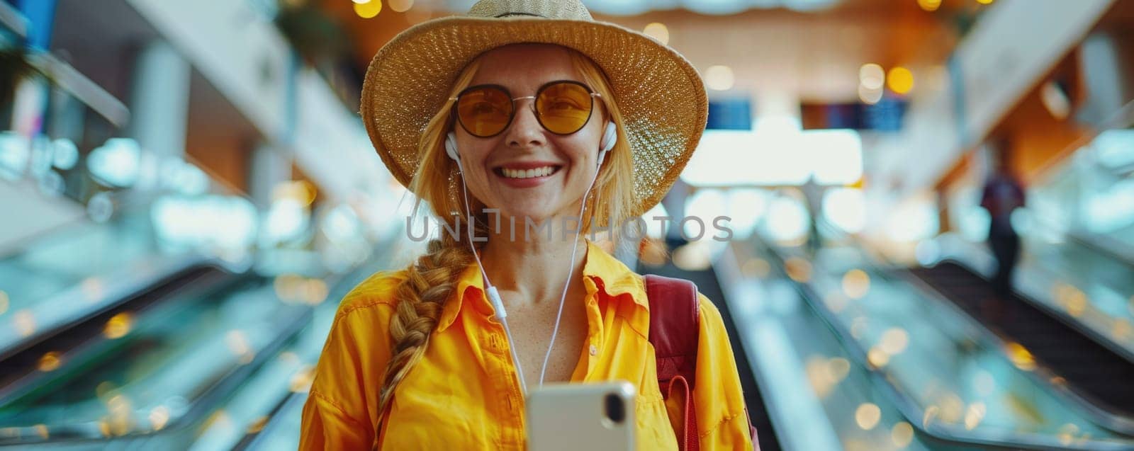 woman in bright comfy summer clothes and headphones in the airport using smartphone. ai generated by Desperada