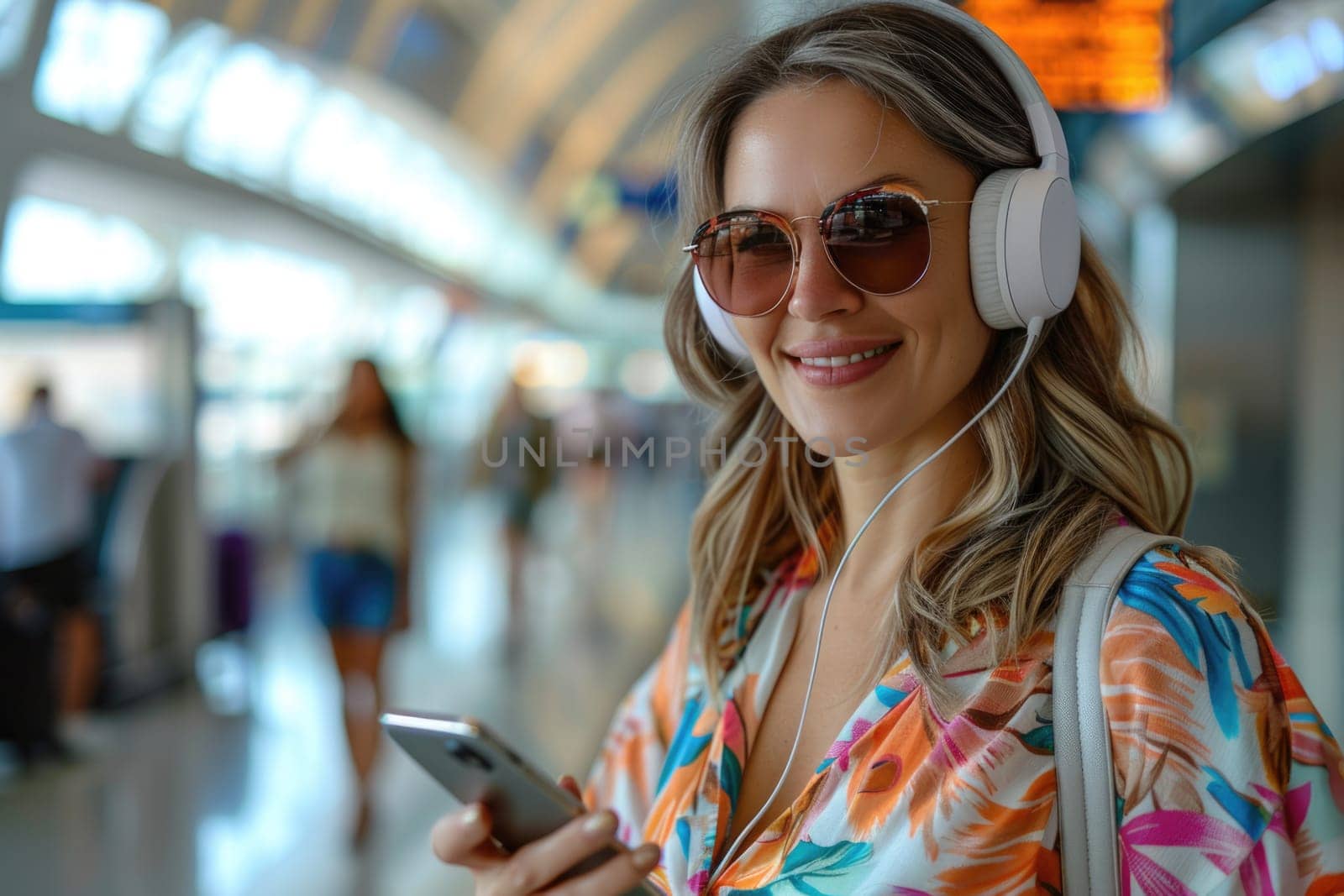 woman in bright comfy summer clothes and headphones in the airport using smartphone. ai generated by Desperada