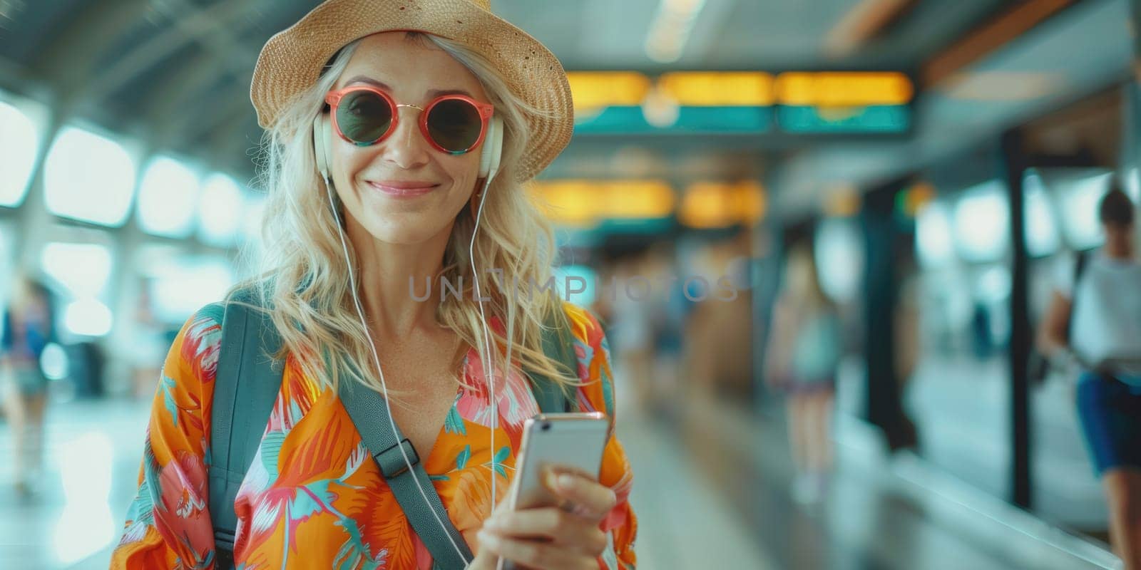 woman in bright comfy summer clothes and headphones in the airport using smartphone. ai generated by Desperada