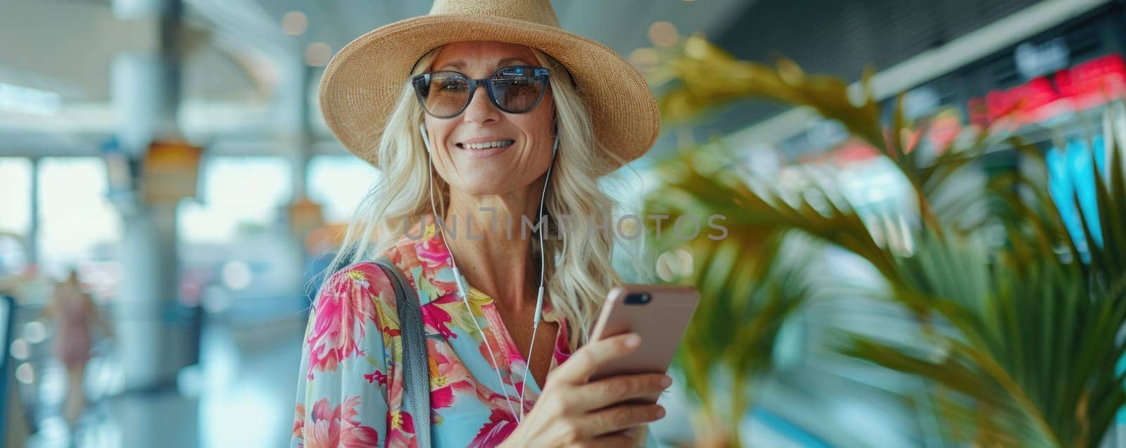 woman in bright comfy summer clothes and headphones in the airport using smartphone. ai generated by Desperada