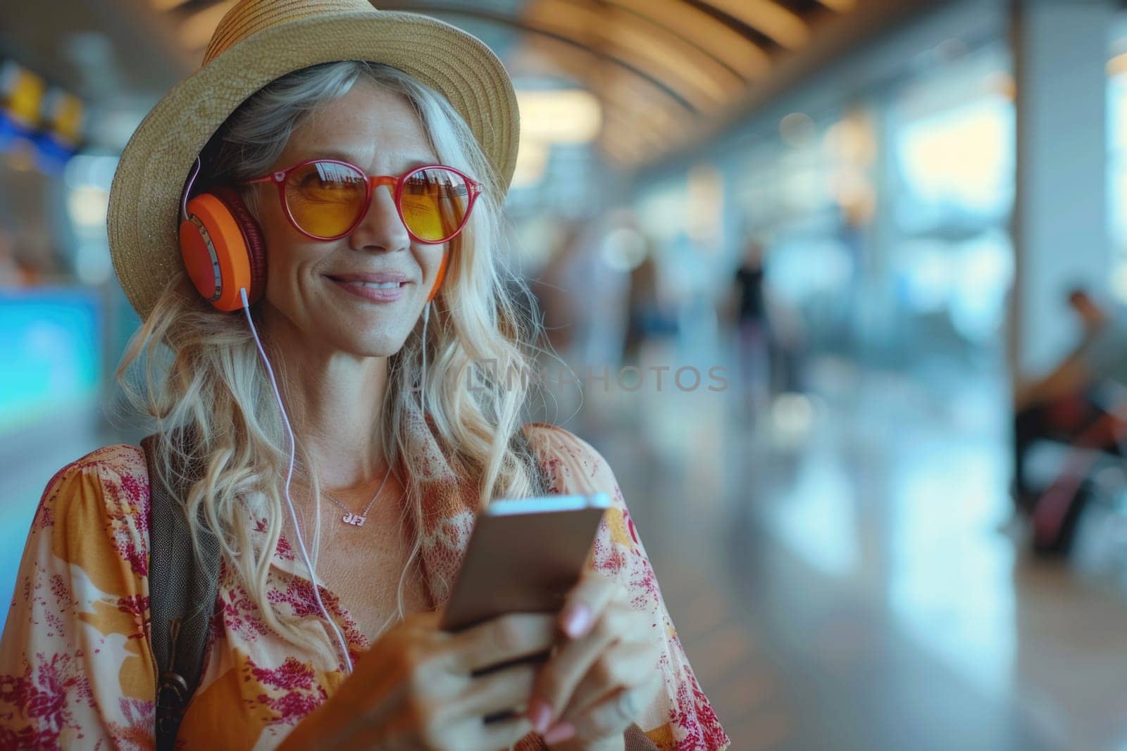 mature happy woman in bright comfy summer clothes and headphones in the airport using smartphone. ai generated