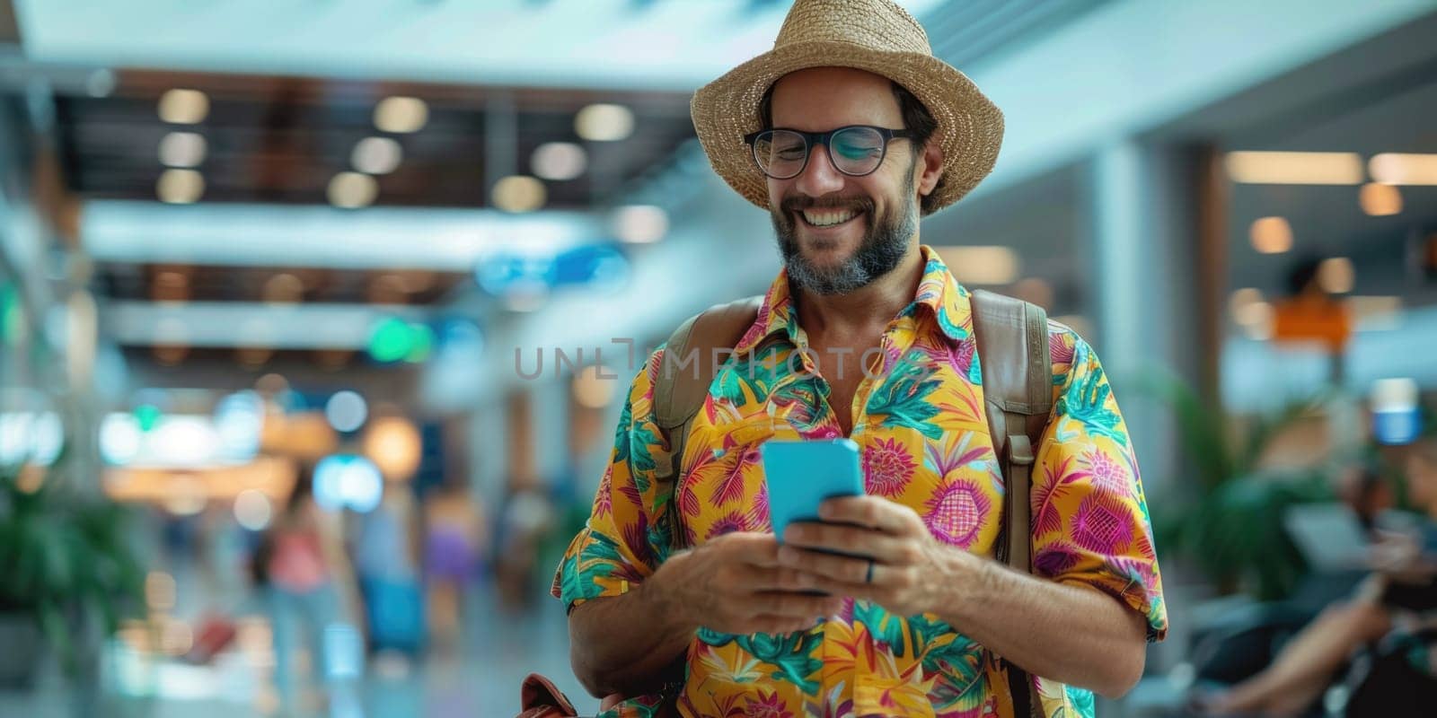 young happy man in bright comfy summer clothes and headphones in the airport using smartphone. ai generated