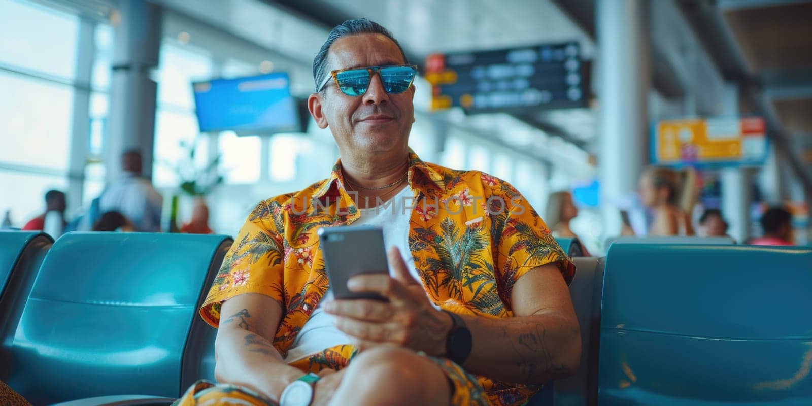 young happy man in bright comfy summer clothes and headphones in the airport using smartphone. ai generated