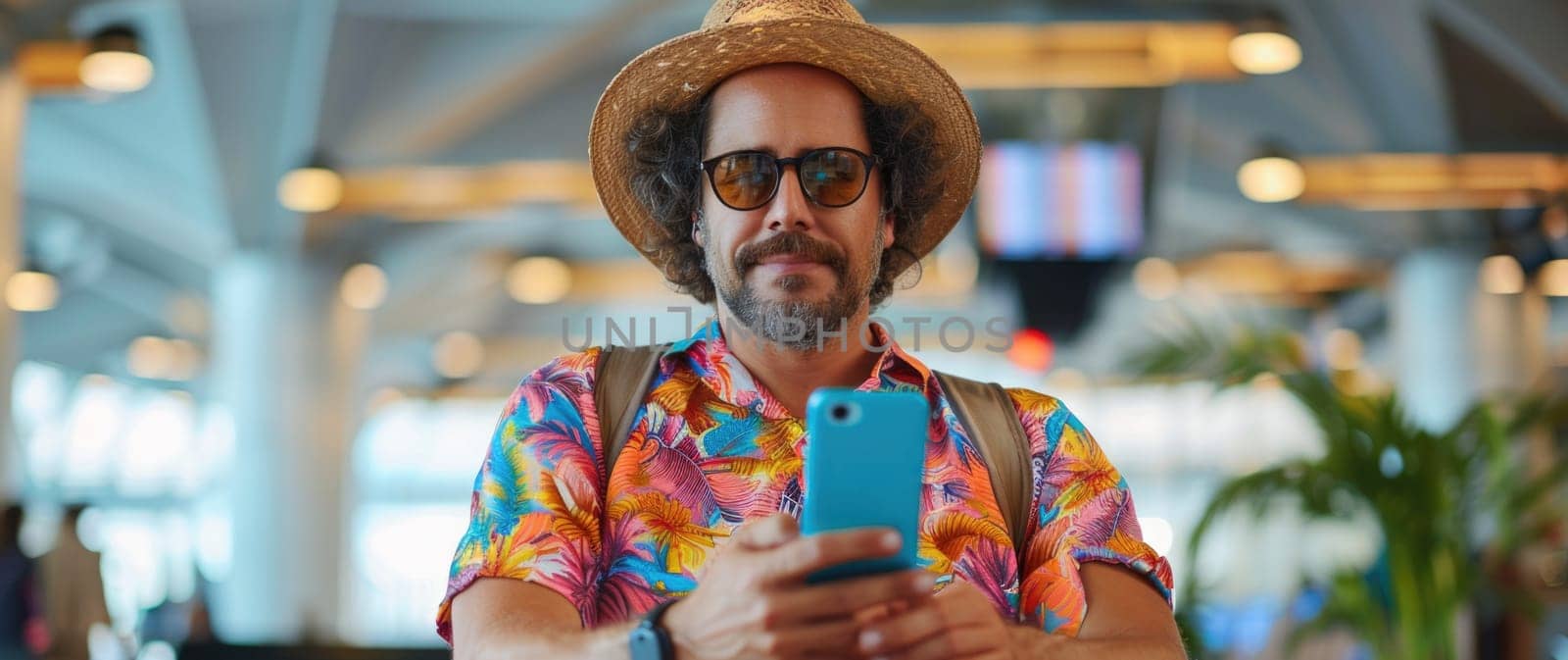 young happy man in bright comfy summer clothes and headphones in the airport using smartphone. ai generated