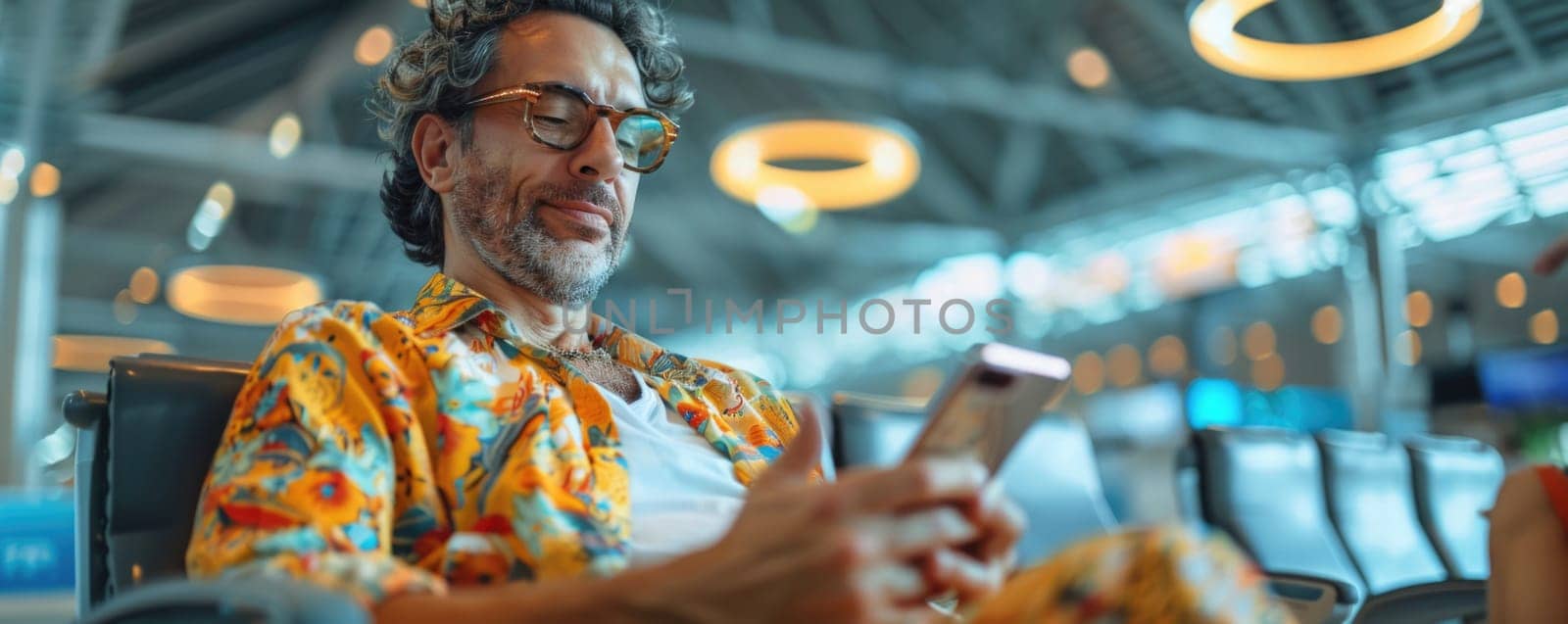 man in bright comfy summer clothes and headphones in the airport using smartphone. ai generated by Desperada