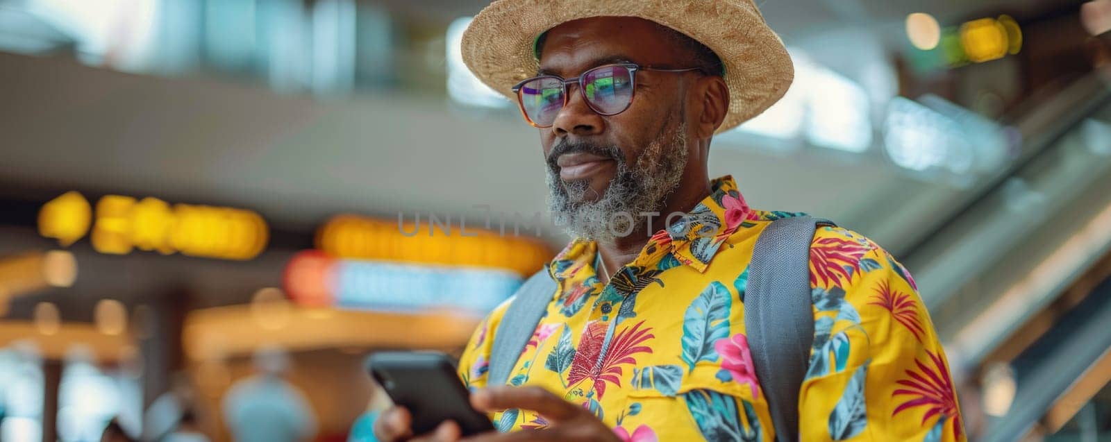 young happy man in bright comfy summer clothes and headphones in the airport using smartphone. ai generated