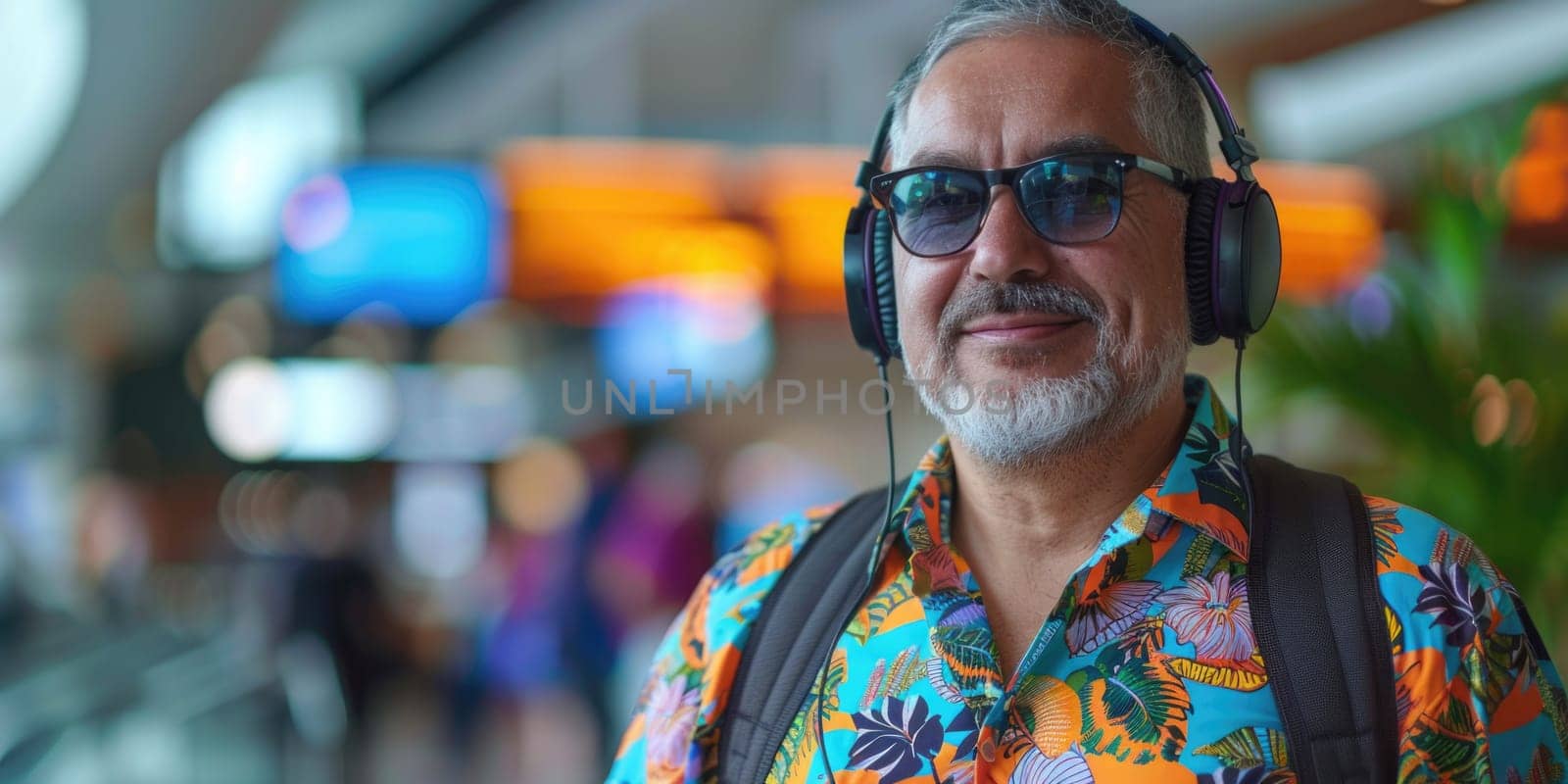 young happy man in bright comfy summer clothes and headphones in the airport using smartphone. ai generated