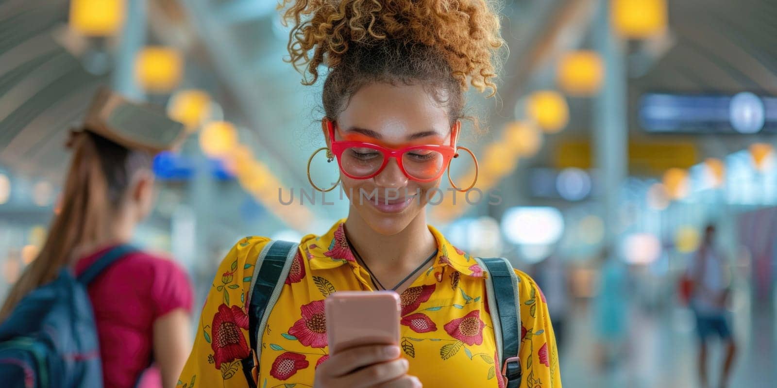 young happy woman in bright comfy summer clothes in the airport using smartphone. ai generated