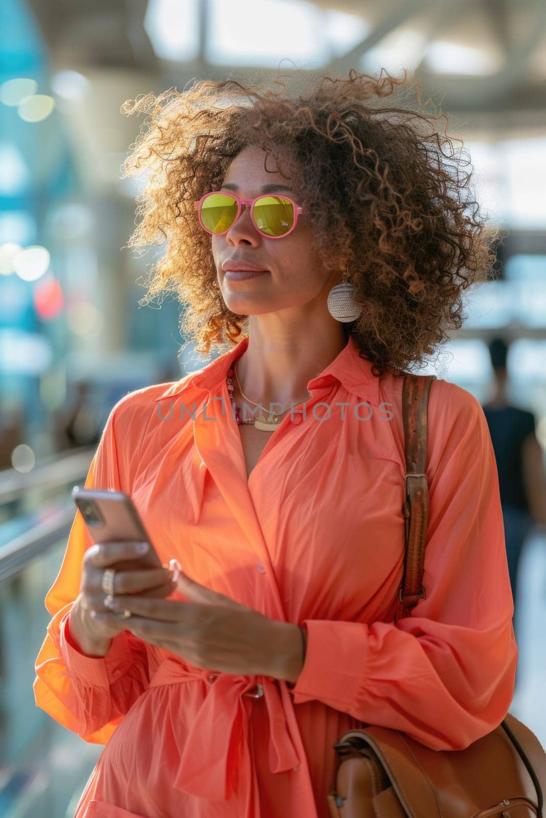 happy woman in bright comfy summer clothes in the airport using smartphone. ai generated by Desperada