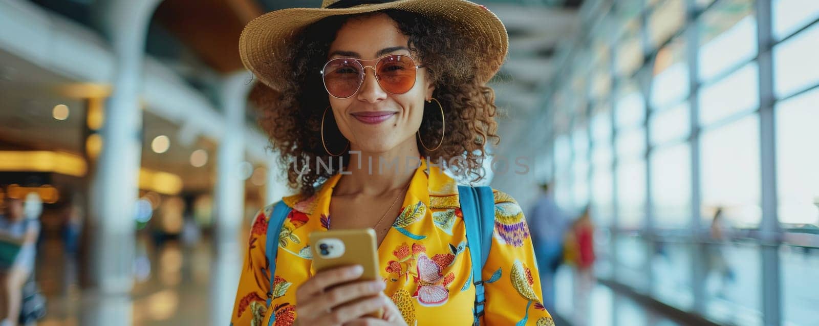 young happy woman in bright comfy summer clothes in the airport using smartphone. ai generated