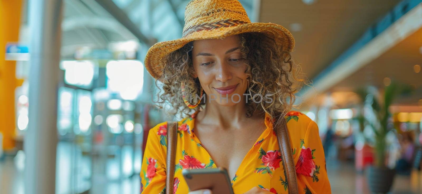 young happy woman in bright comfy summer clothes in the airport using smartphone. ai generated