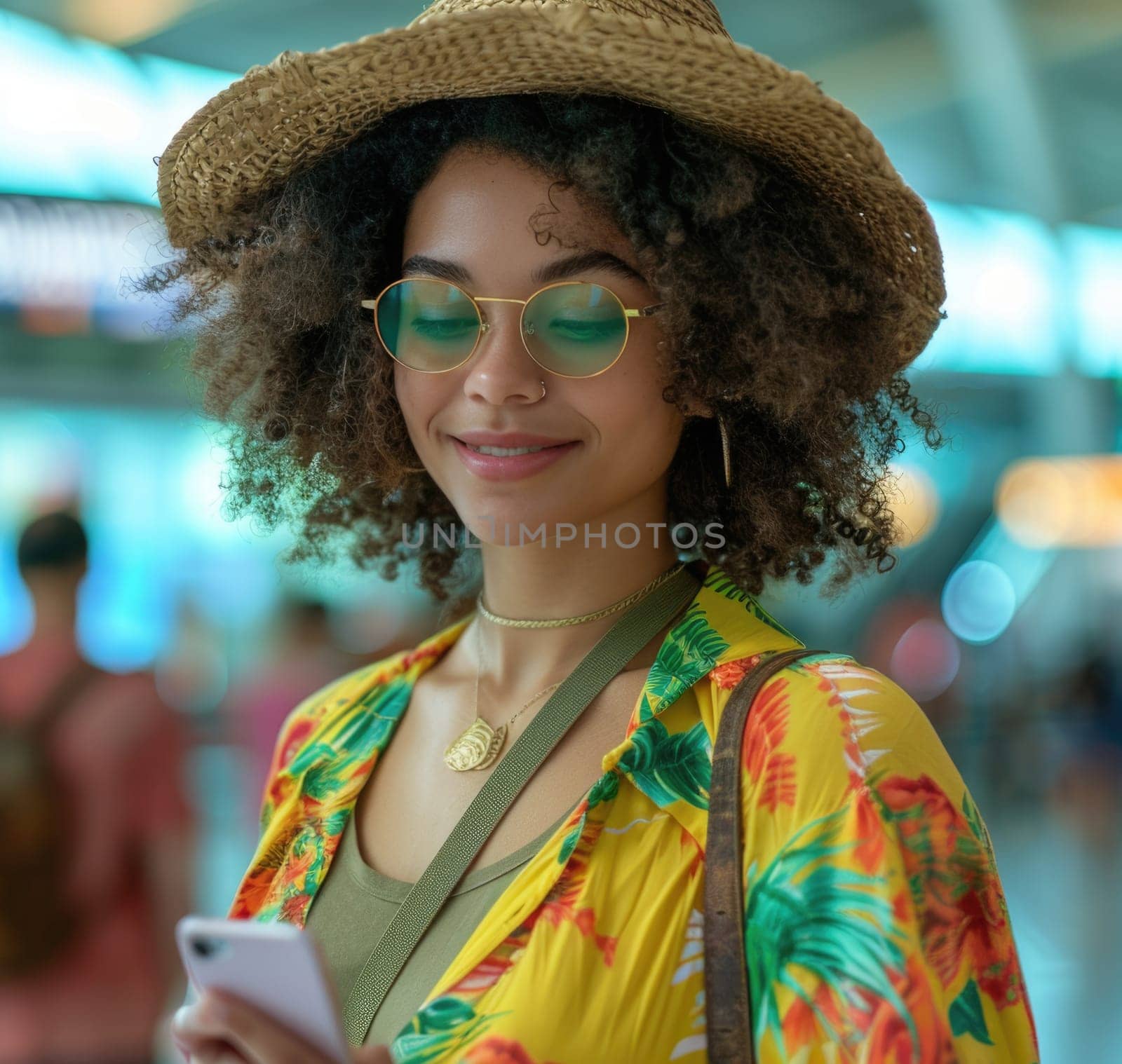 young happy woman in bright comfy summer clothes in the airport using smartphone. ai generated