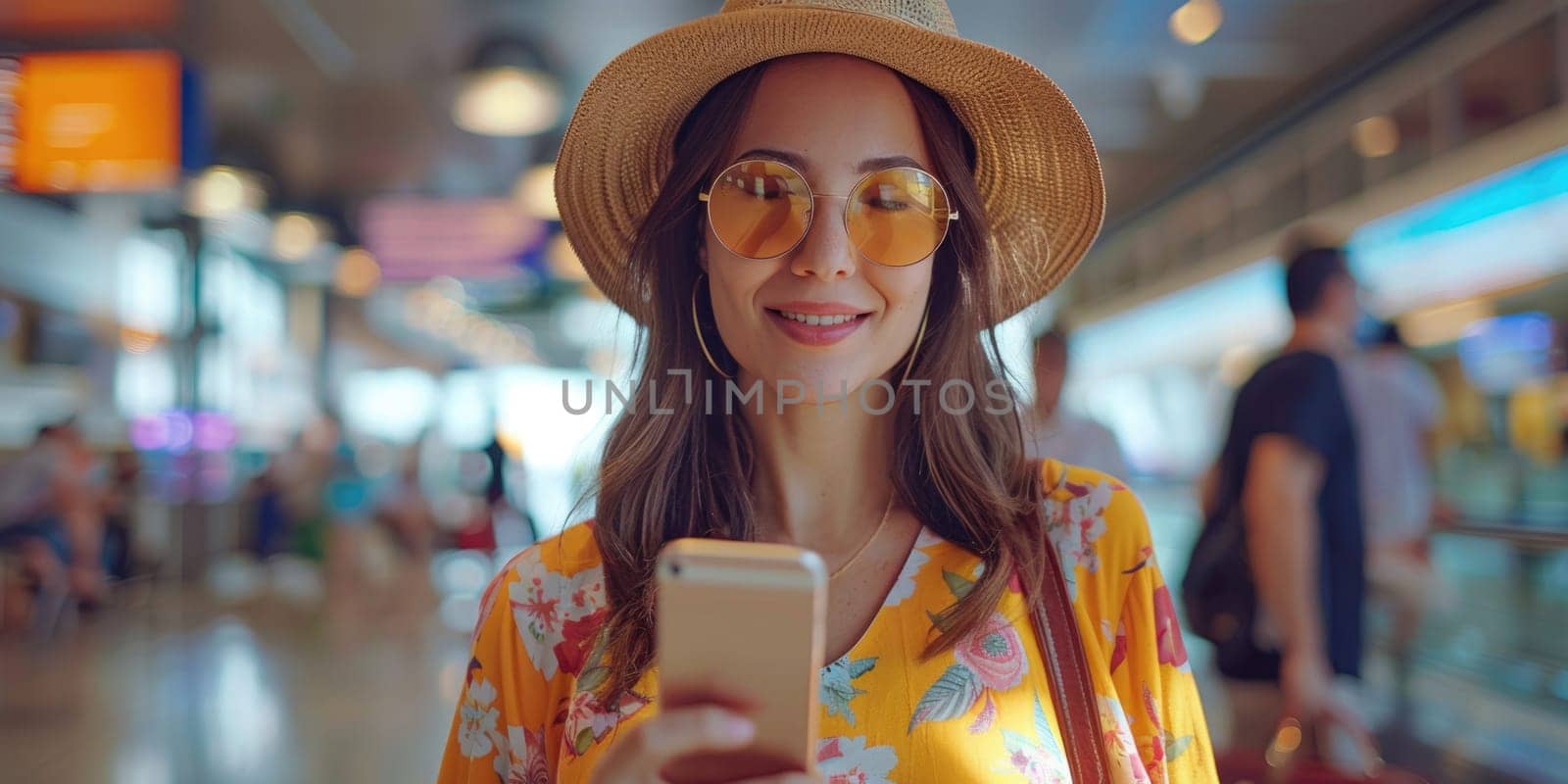 happy woman in bright comfy summer clothes in the airport using smartphone. ai generated by Desperada