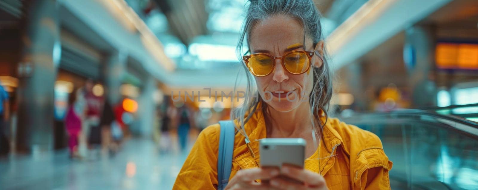 young happy woman in bright comfy summer clothes in the airport using smartphone. ai generated