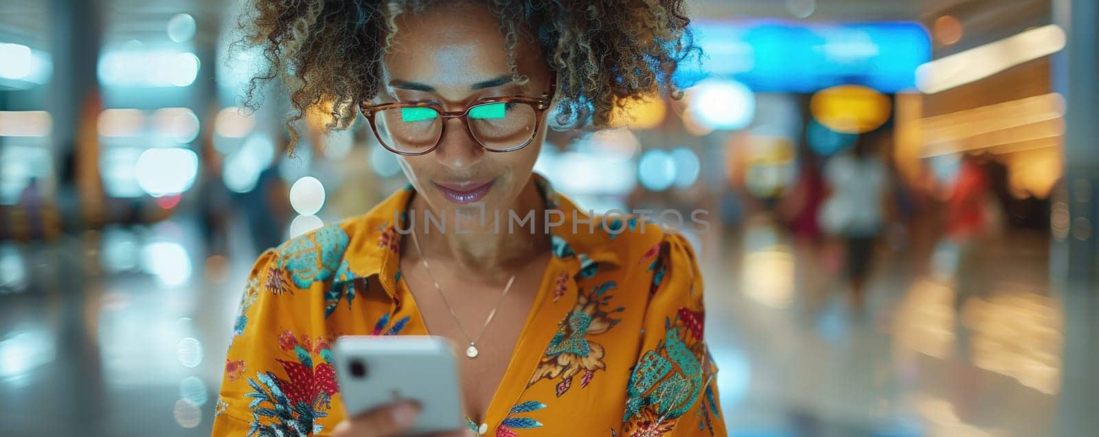 young happy woman in bright comfy summer clothes in the airport using smartphone. ai generated