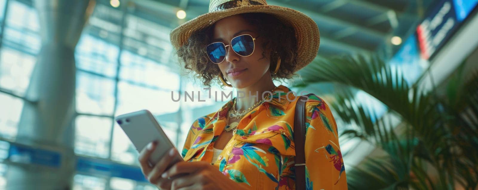 happy woman in bright comfy summer clothes in the airport using smartphone. ai generated by Desperada