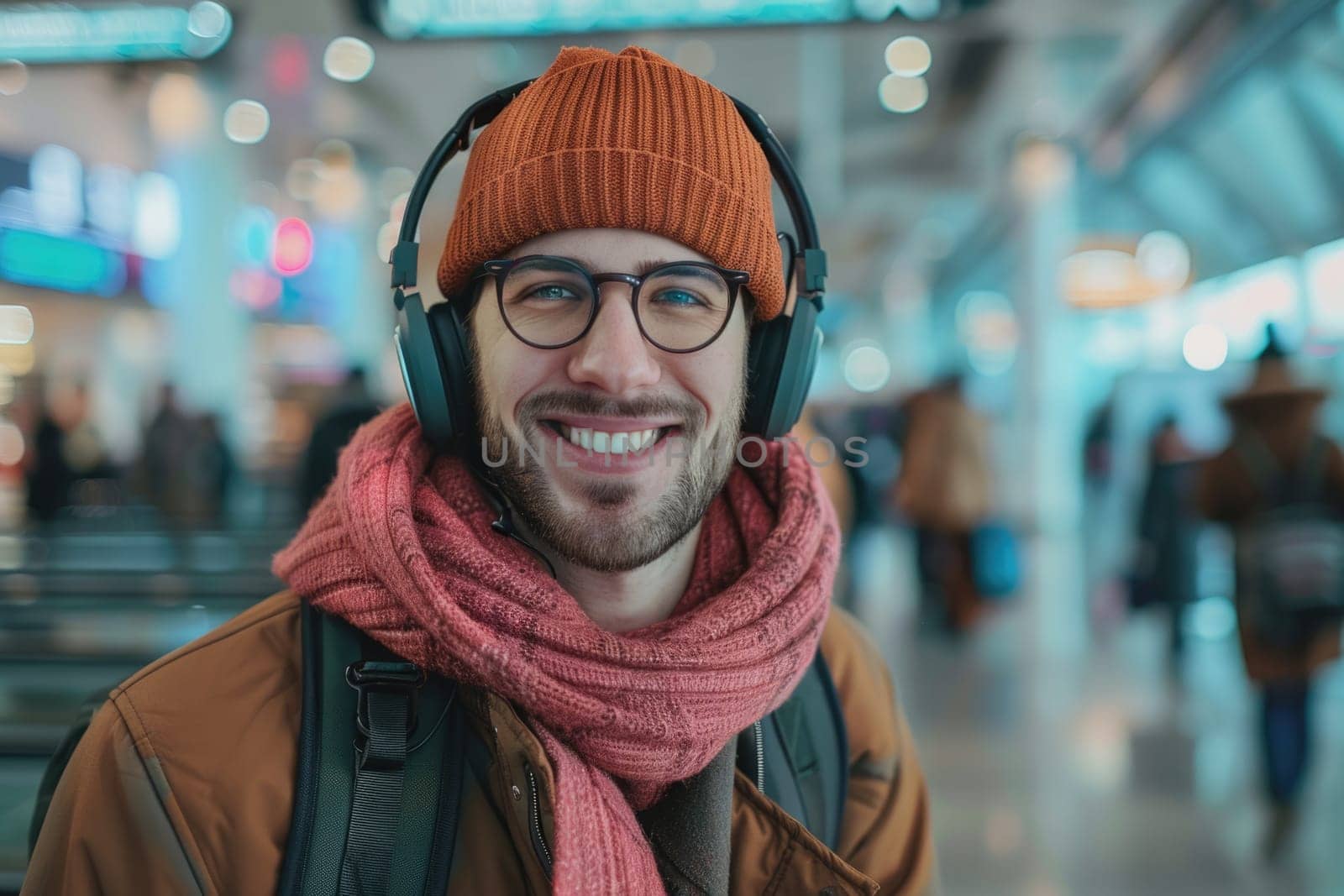 happy man in bright comfy clothes and headphones in the airport using smartphone. ai generated by Desperada