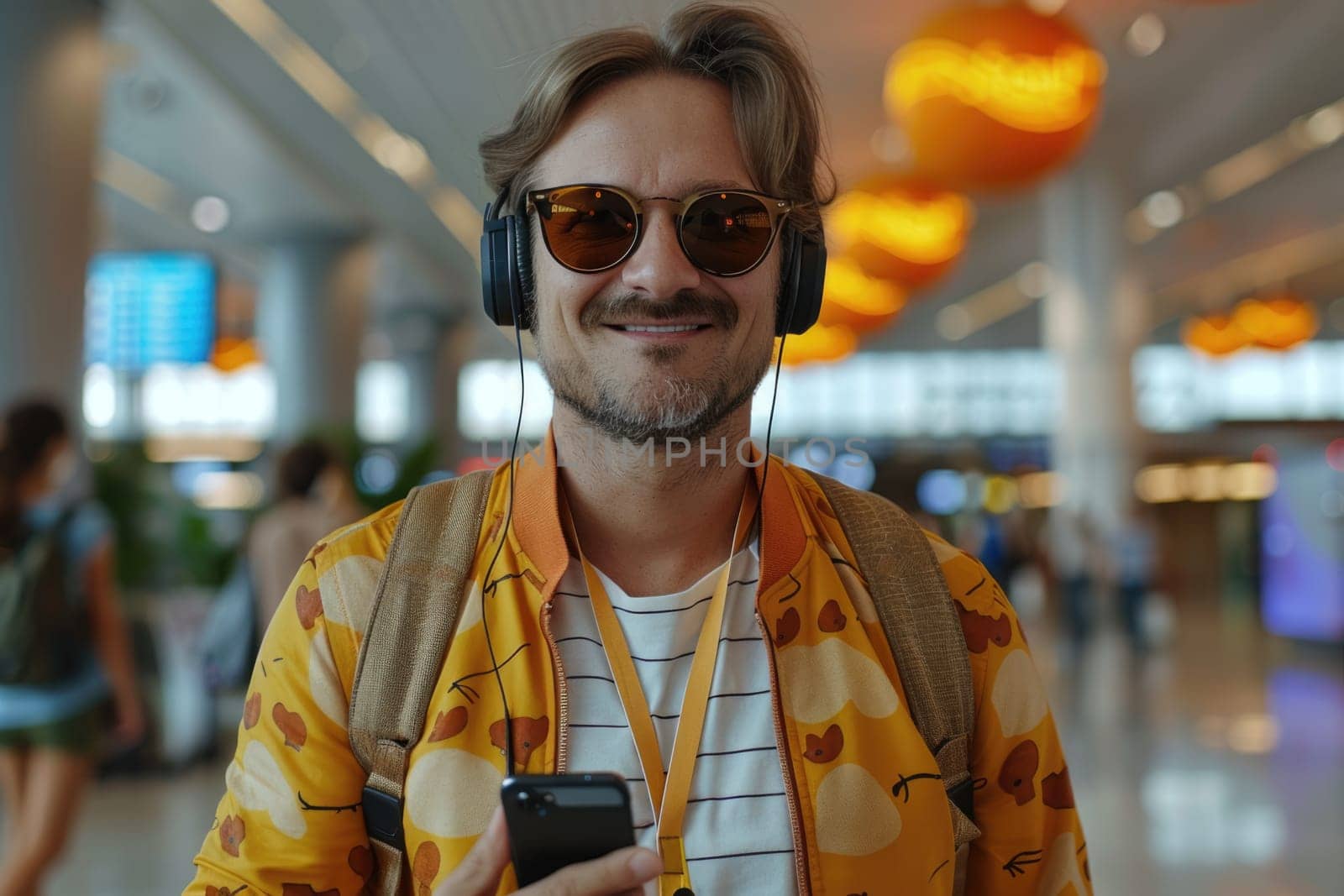 happy man in bright comfy clothes and headphones in the airport using smartphone. ai generated by Desperada