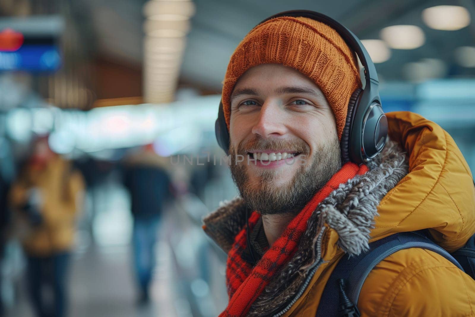 happy man in bright comfy clothes and headphones in the airport using smartphone. ai generated by Desperada
