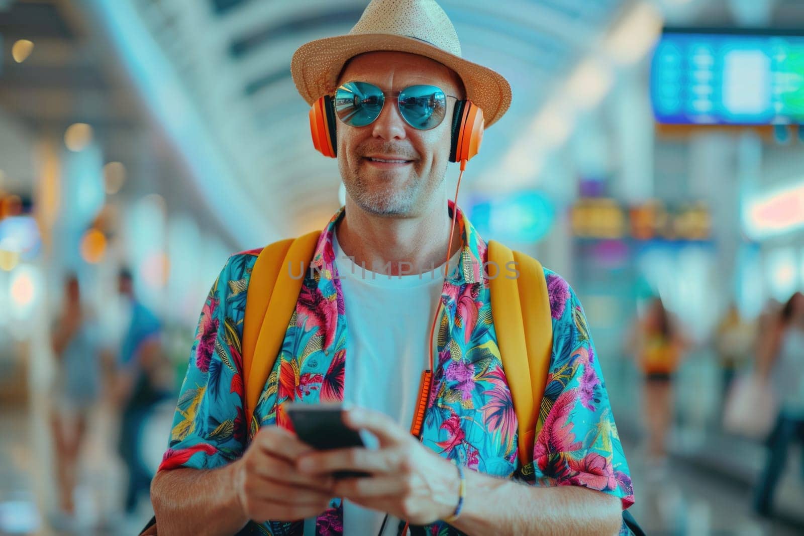 mature happy man in bright comfy summer clothes and headphones in the airport using smartphone. ai generated