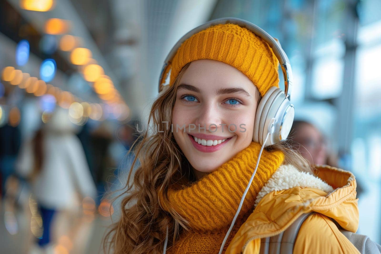 young happy woman in bright comfy clothes and headphones in the airport using smartphone. ai generated