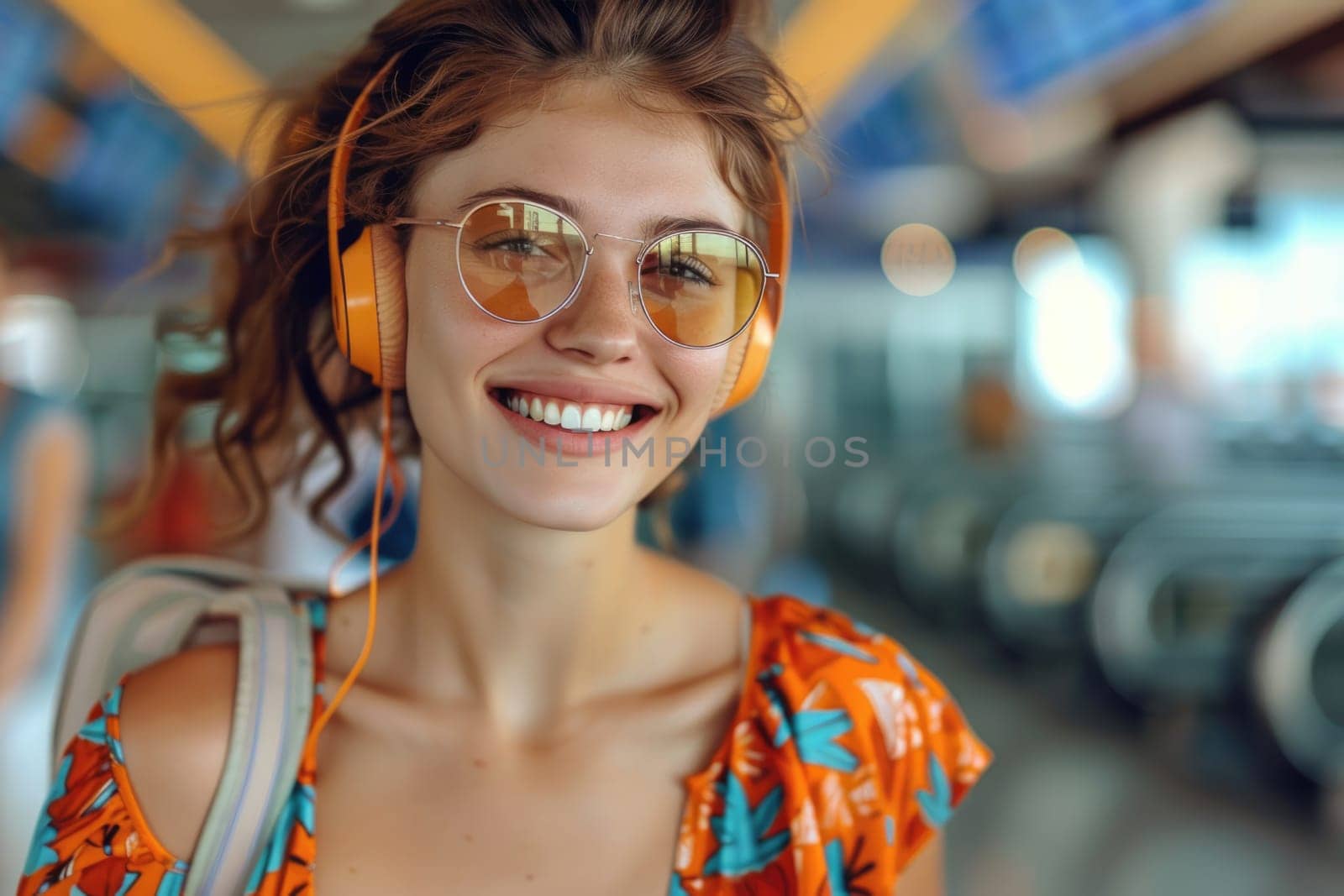 young happy woman in bright comfy summer clothes and headphones in the airport using smartphone. ai generated