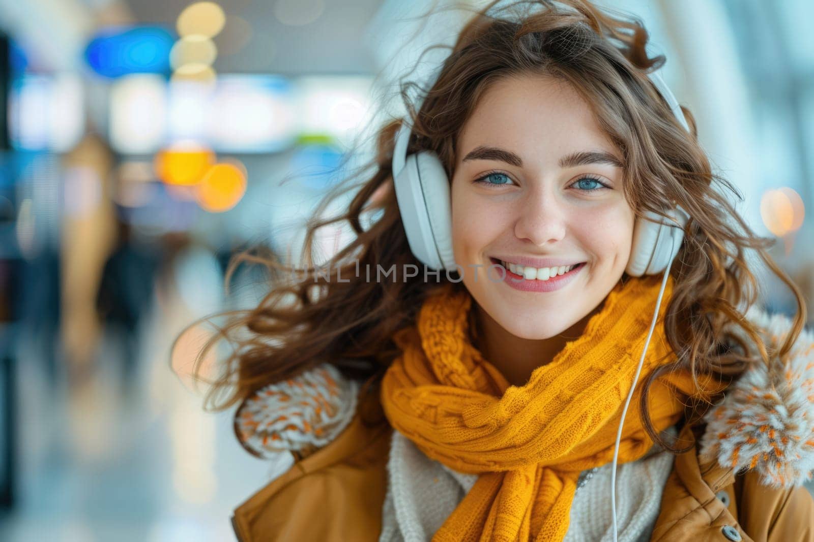 young happy woman in bright comfy clothes and headphones in the airport using smartphone. ai generated