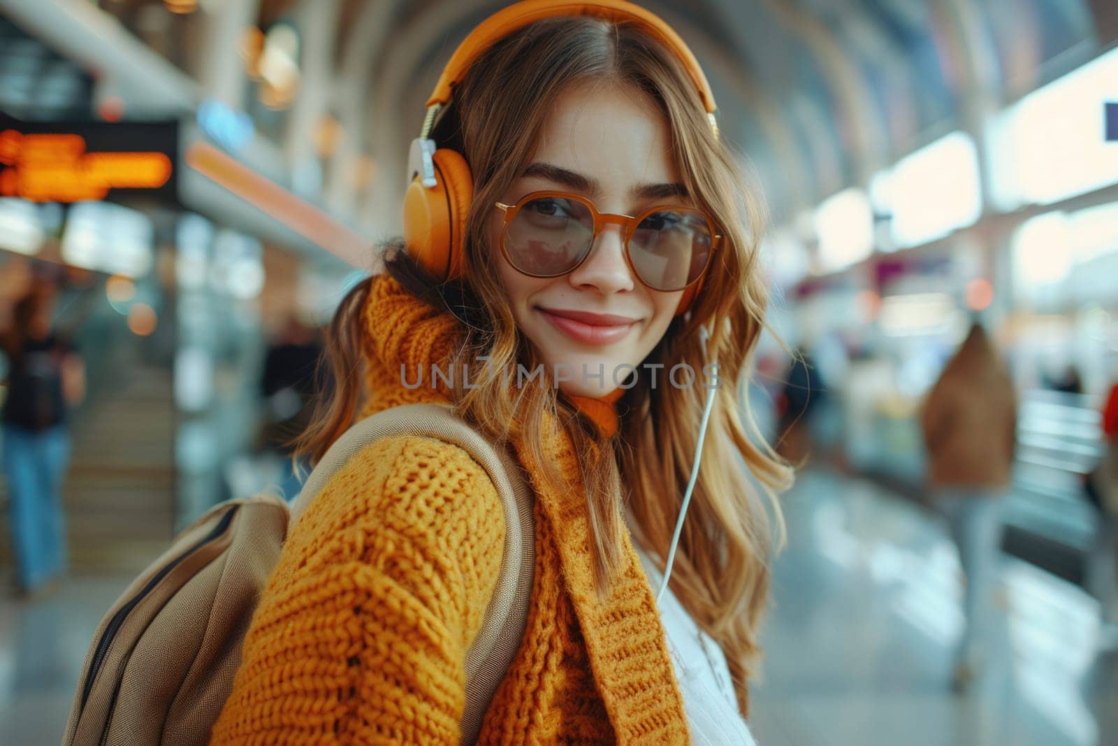 happy woman in bright comfy clothes and headphones in the airport using smartphone. ai generated by Desperada