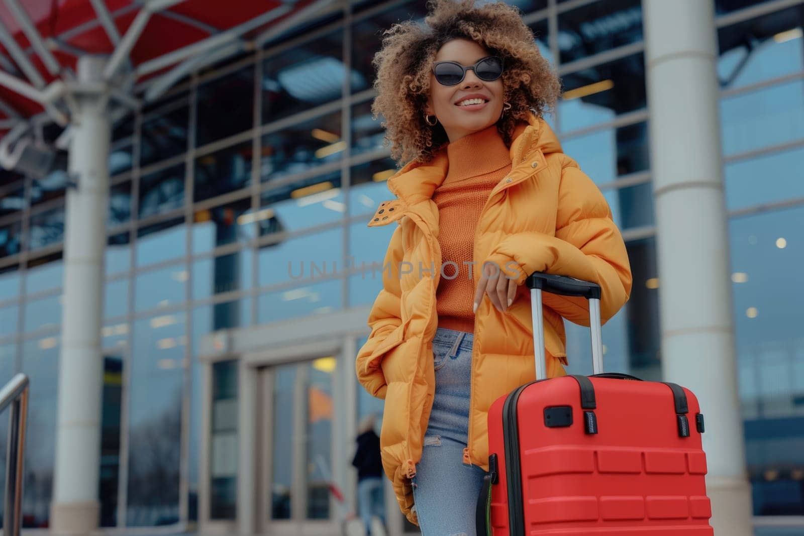 young happy woman in bright comfy clothes and headphones in the airport using smartphone. ai generated