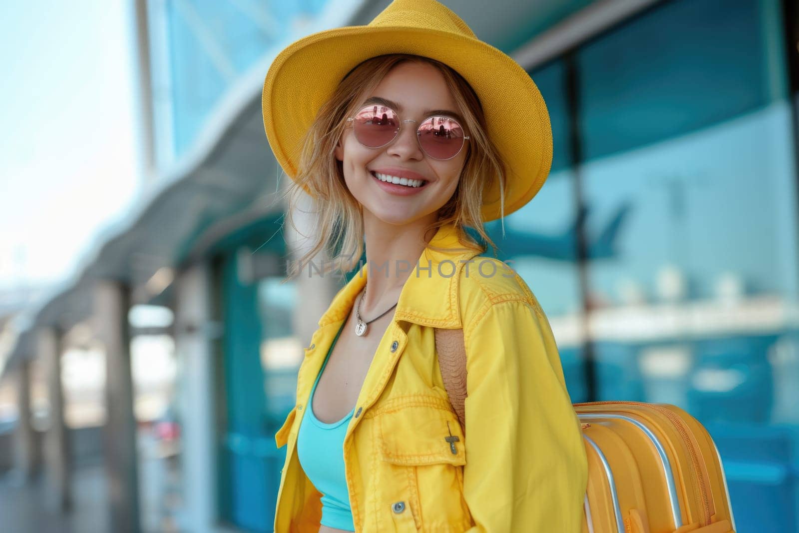 young happy woman in bright comfy clothes and headphones in the airport using smartphone. ai generated