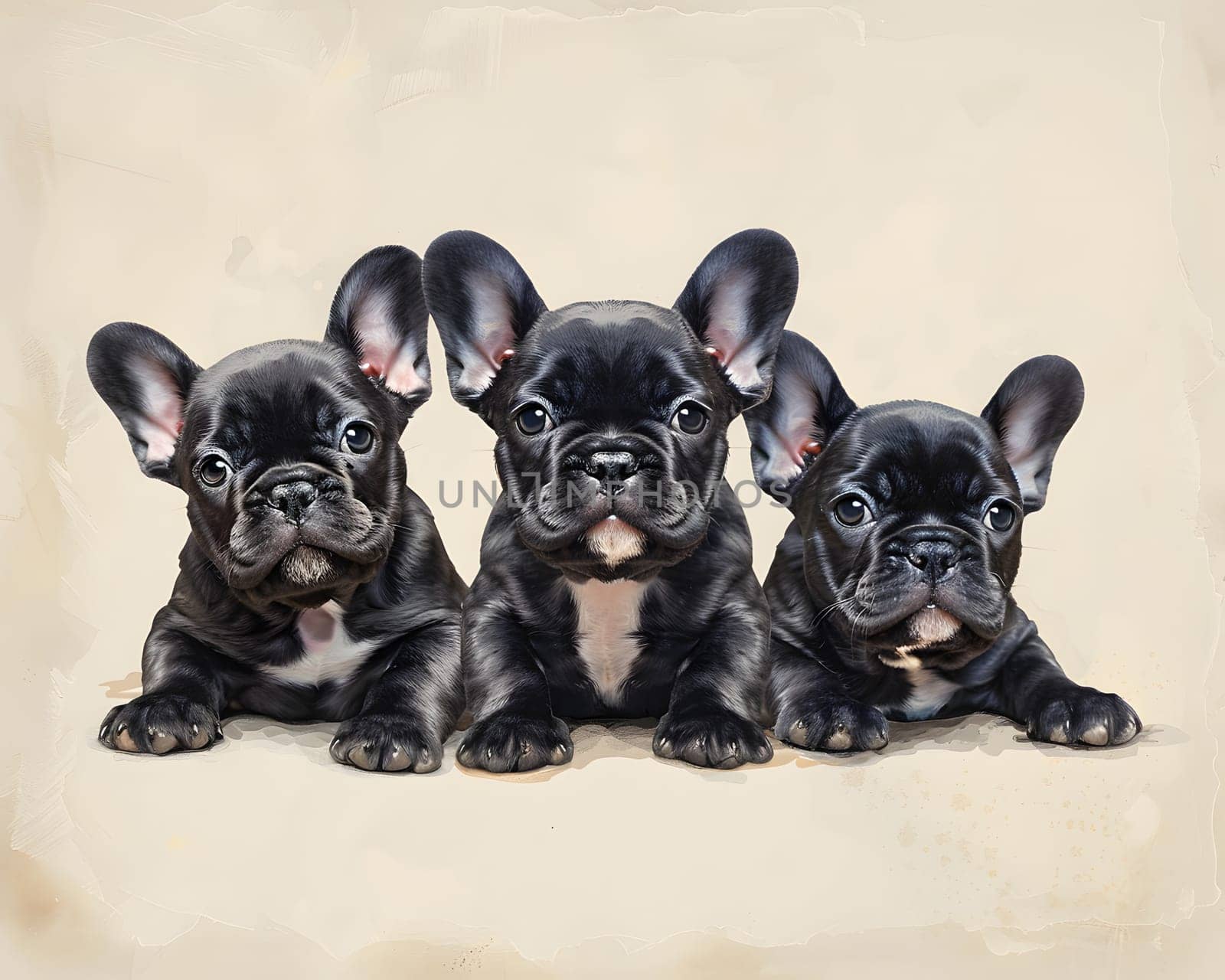 Three black French Bulldogs are lounging together on a beige surface. These carnivorous working animals are a popular companion dog breed, known for their fawn coats and distinctive ears and snouts