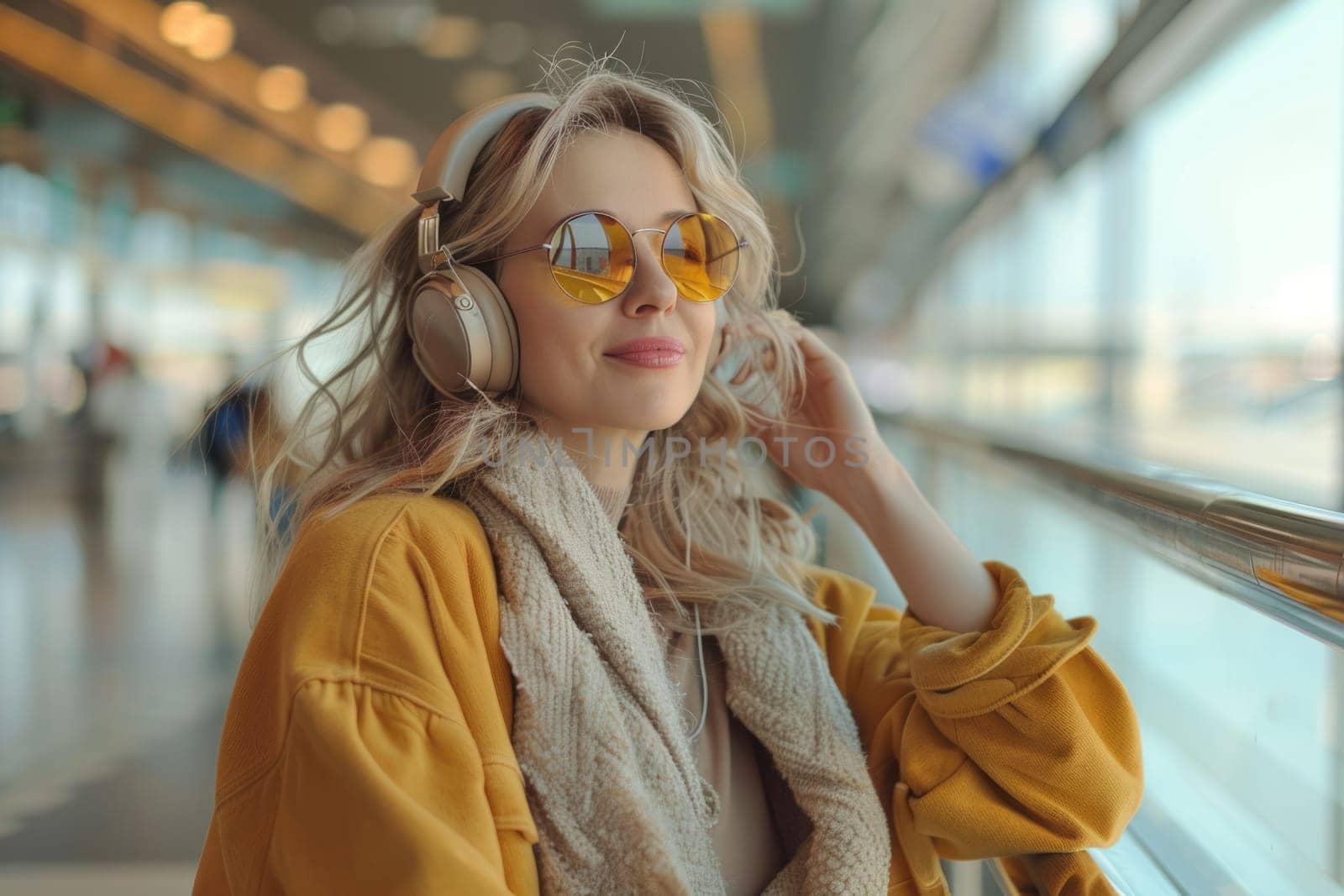young happy woman in bright comfy clothes and headphones in the airport using smartphone. ai generated