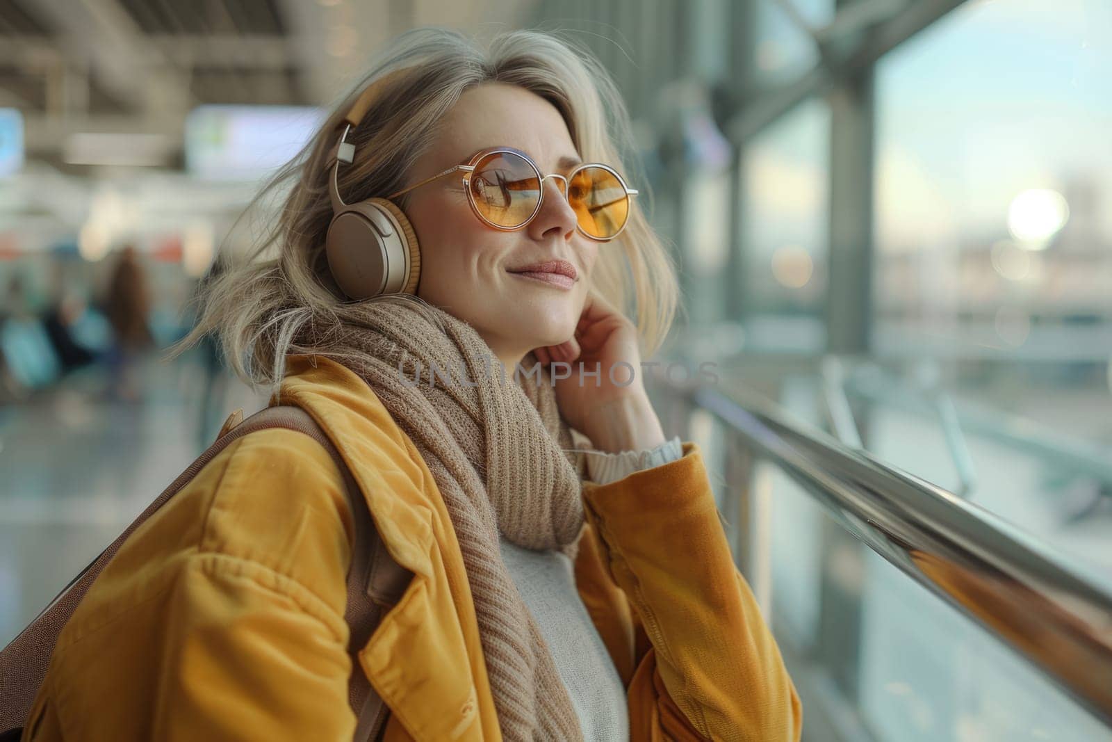 young happy woman in bright comfy clothes and headphones in the airport using smartphone. ai generated