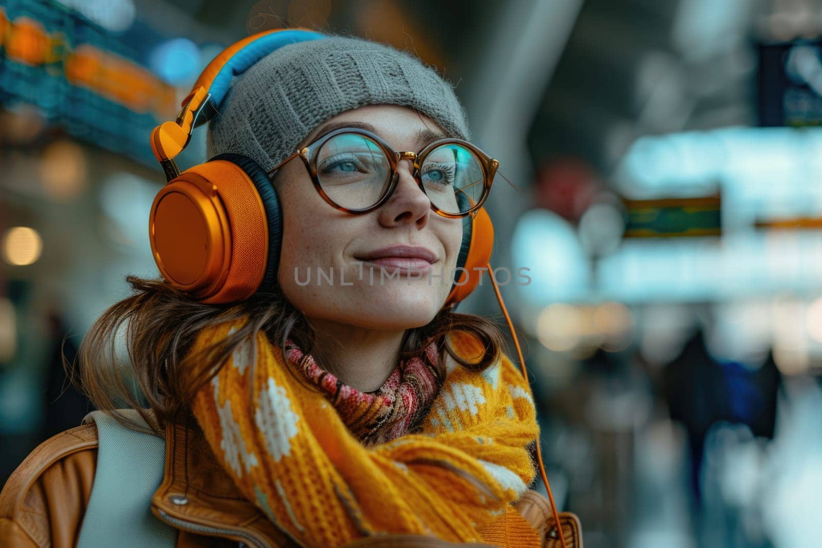 happy woman in bright comfy clothes and headphones in the airport using smartphone. ai generated by Desperada