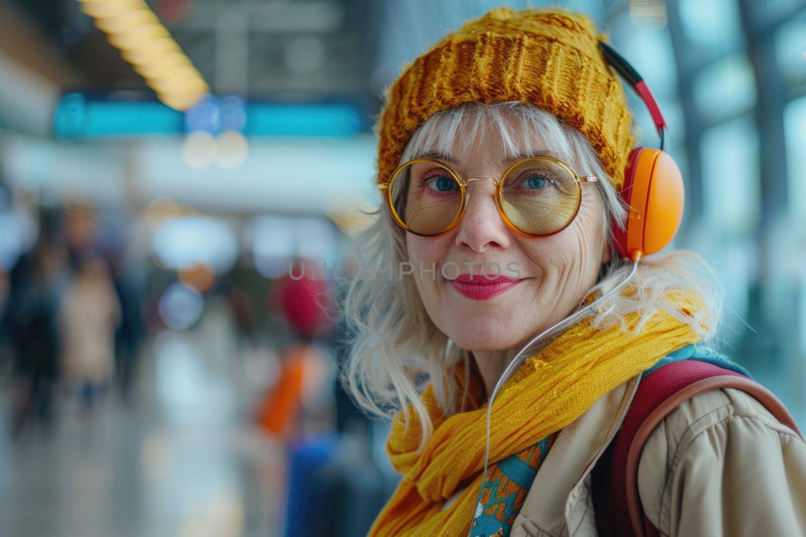 young happy woman in bright comfy clothes and headphones in the airport using smartphone. ai generated