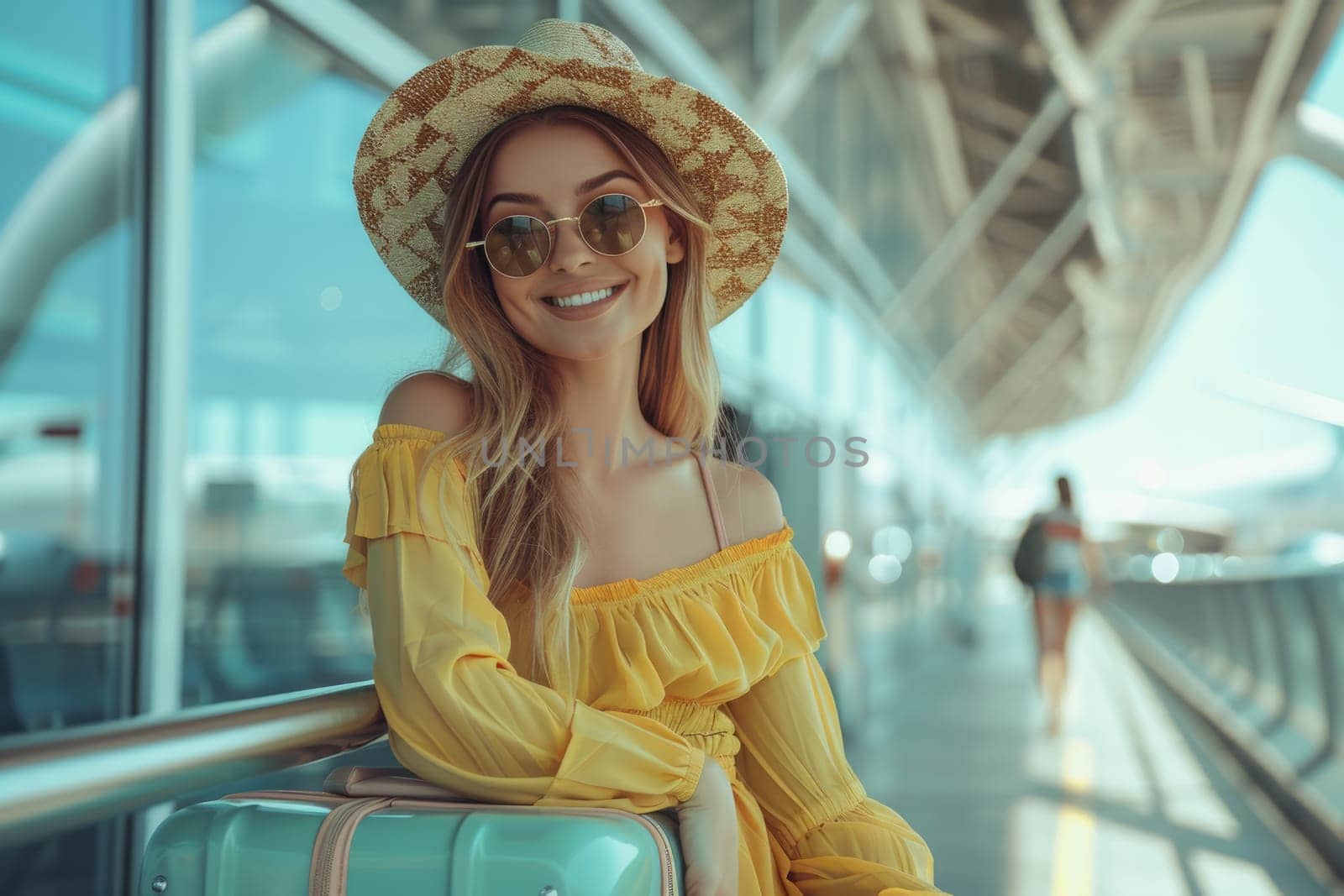 young happy woman in bright comfy clothes and headphones in the airport using smartphone. ai generated