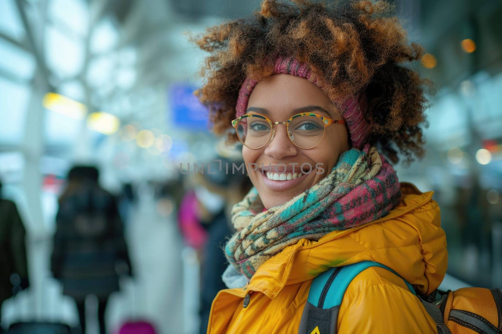 young happy woman in bright comfy clothes and headphones in the airport using smartphone. ai generated