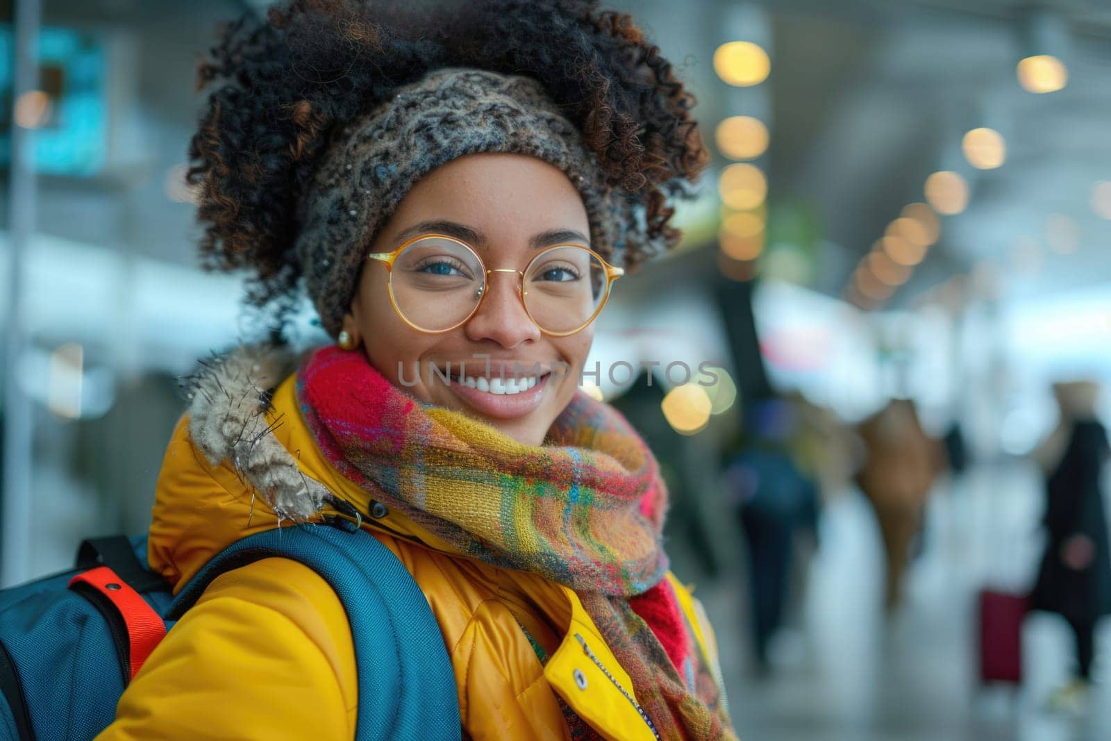 young happy woman in bright comfy clothes and headphones in the airport using smartphone. ai generated