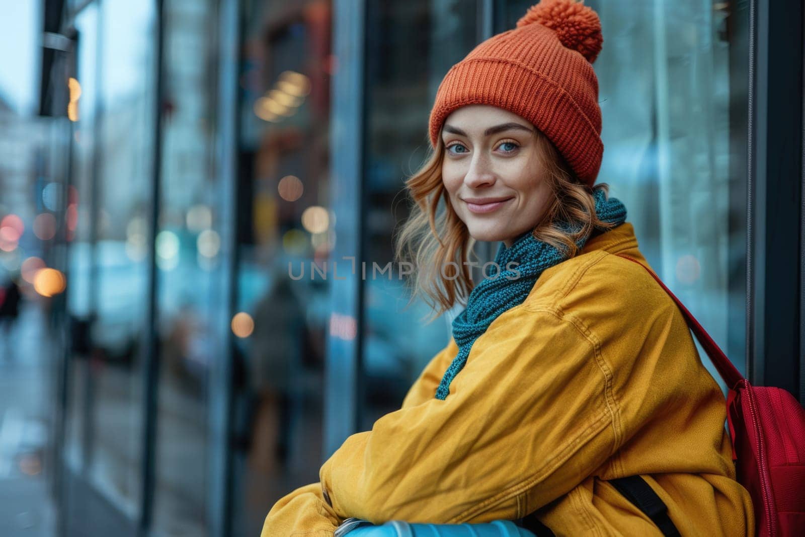 young happy woman in bright comfy clothes and headphones in the airport using smartphone. ai generated