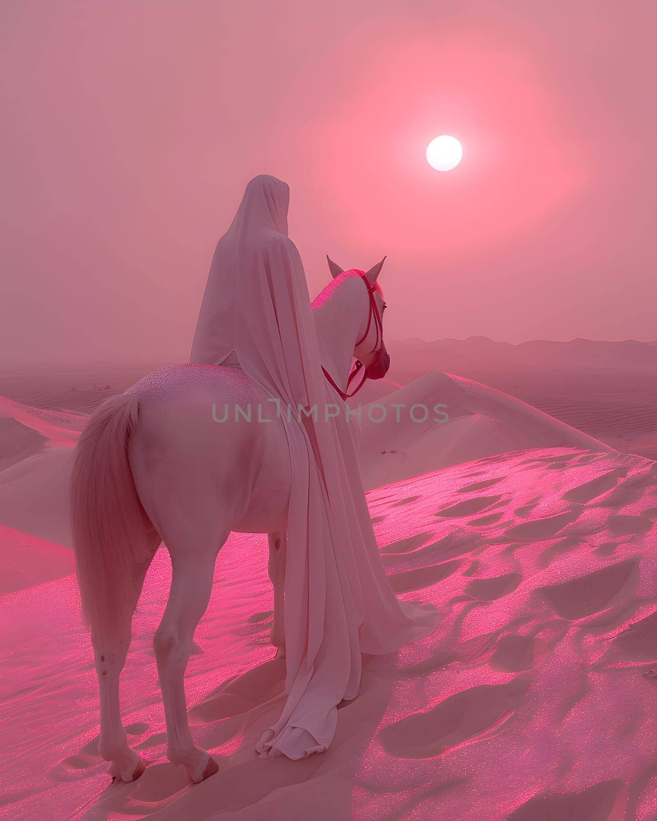 A woman in a white dress is enjoying a fun ride on a white horse in the desert landscape under a magenta sky