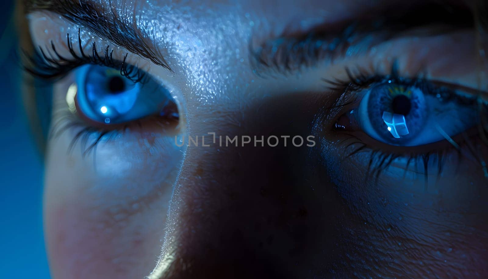Closeup shot of a womans aqua iris with electric blue lashes in the dark by Nadtochiy